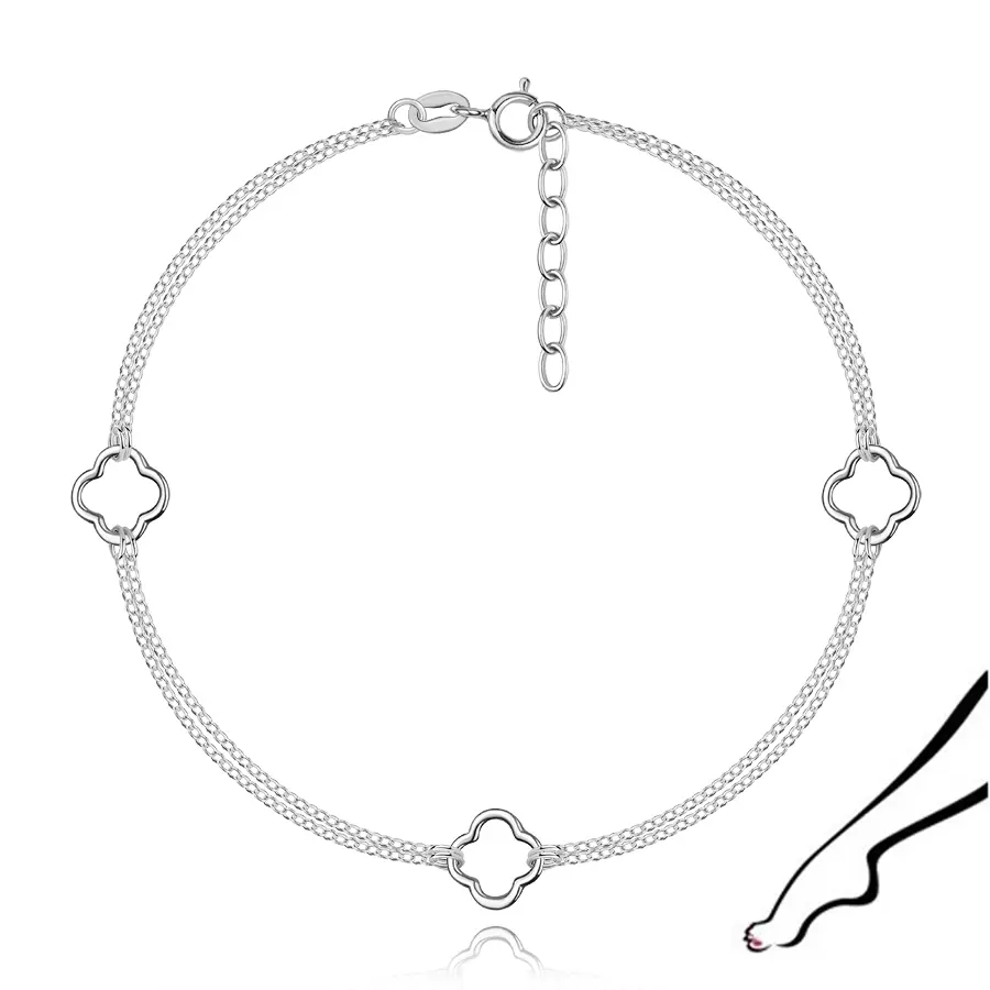 Strieborný náramok na členok 925 so štvorlístkami a dvojitou retiazkou