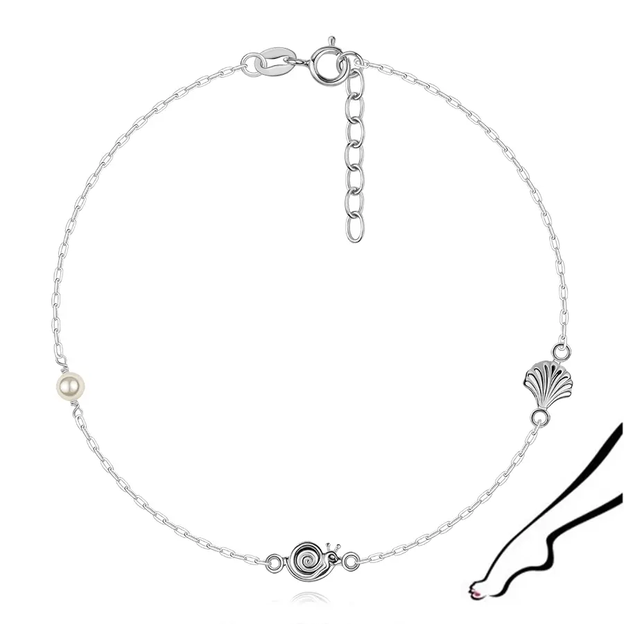 Strieborný náramok na členok 925 s mušľou, slimákom a perlou