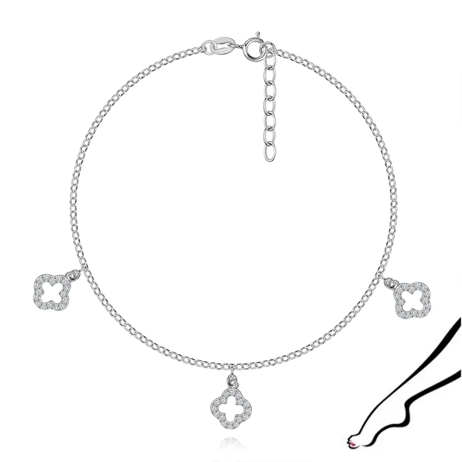Strieborný členkový náramok 925 so zirkónovými štvorlístkami