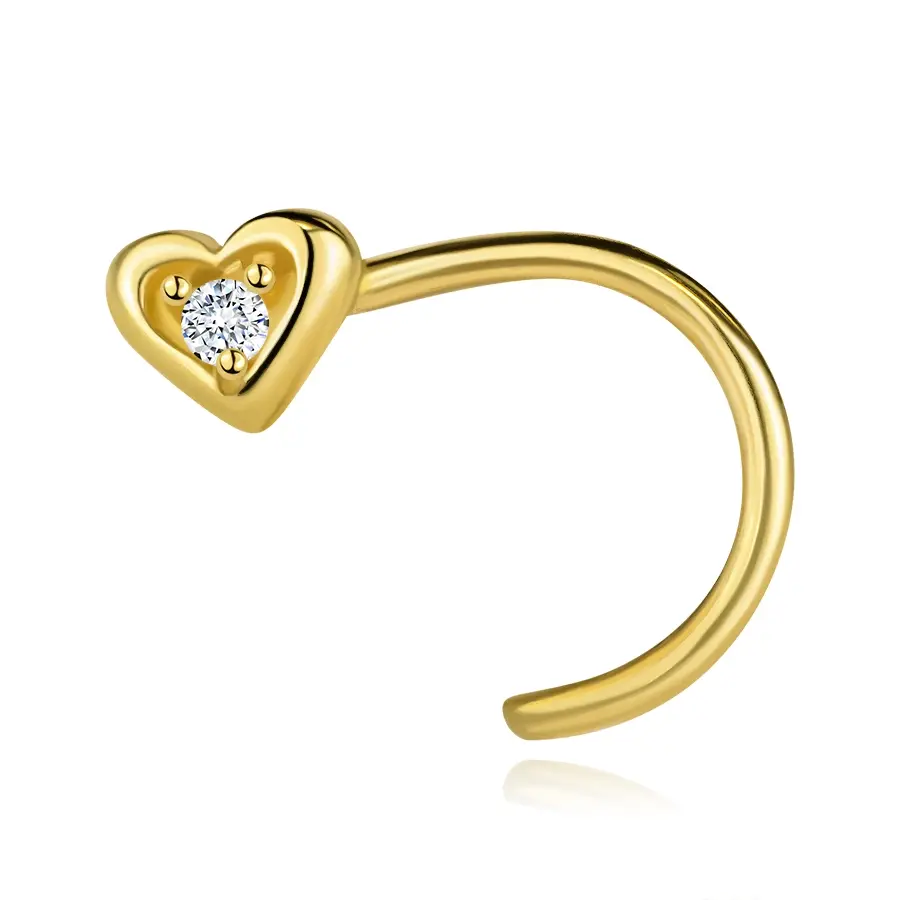 Zlatý zahnutý piercing do nosa 14K so srdcom a čírym zirkónom