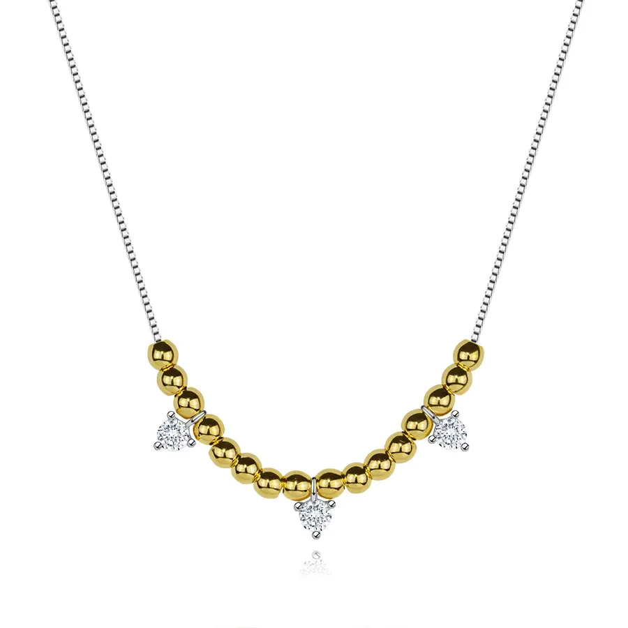 Strieborný náhrdelník 925 s guľôčkami v zlatej farbe a tromi zirkónmi