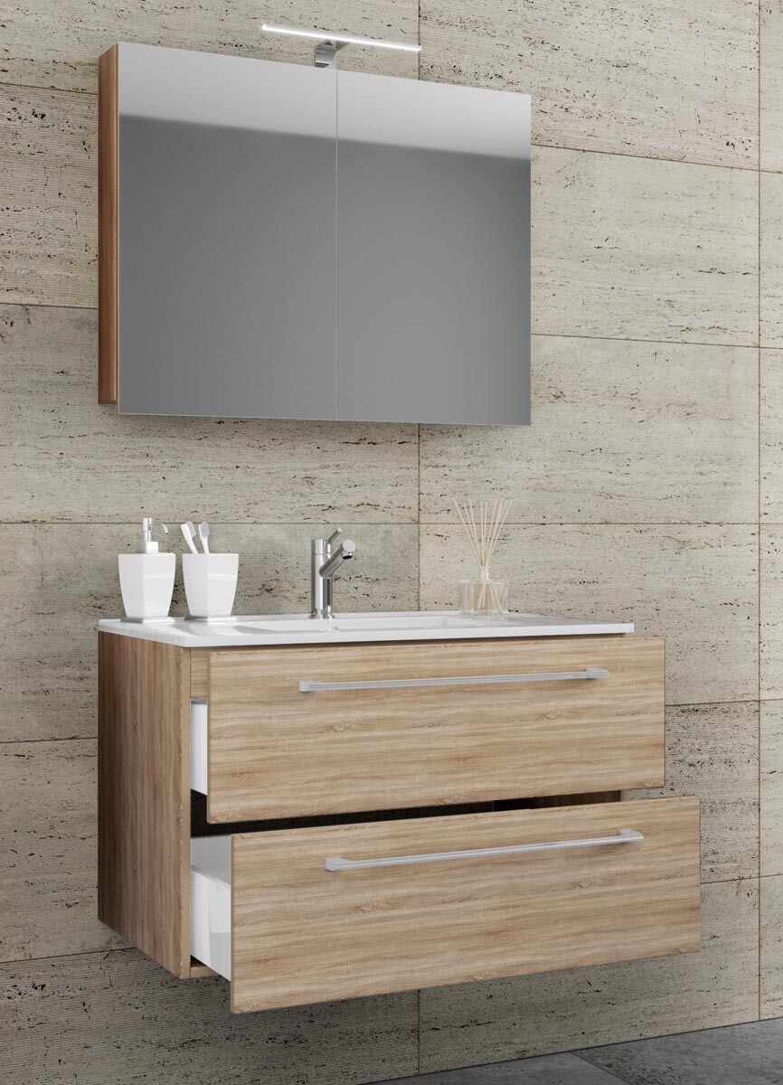 3-dielna umývadlová skrinka Badinos 2 zásuvky 80 cm so zrkadlom, dub Sonoma