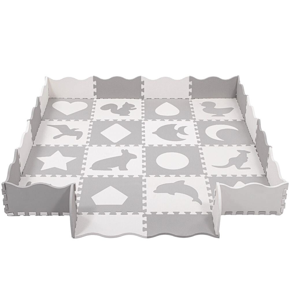 Penové puzzle štvorce - 150x150x1cm - zvieratá a tvary - biela, sivá