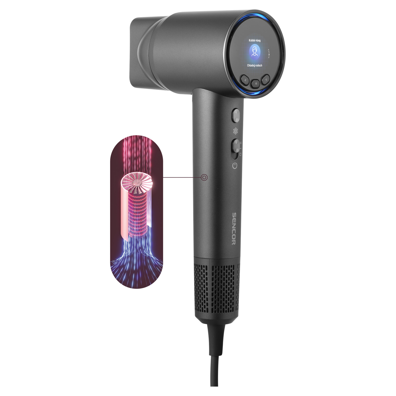Sencor SHD 8600BK Inteligentný vysokorýchlostný sušič vlasov Profesionálny vysokorýchlostný BLDC motor, Maximálna rýchlosť: 110 000 ot./min, Farebný