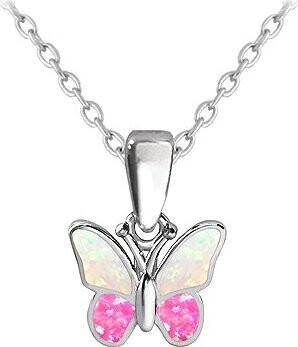 MINET Trblietavý detský strieborný náhrdelník Motýlik s ružovým opálom (Ag 925/1000, 2,1 g)
