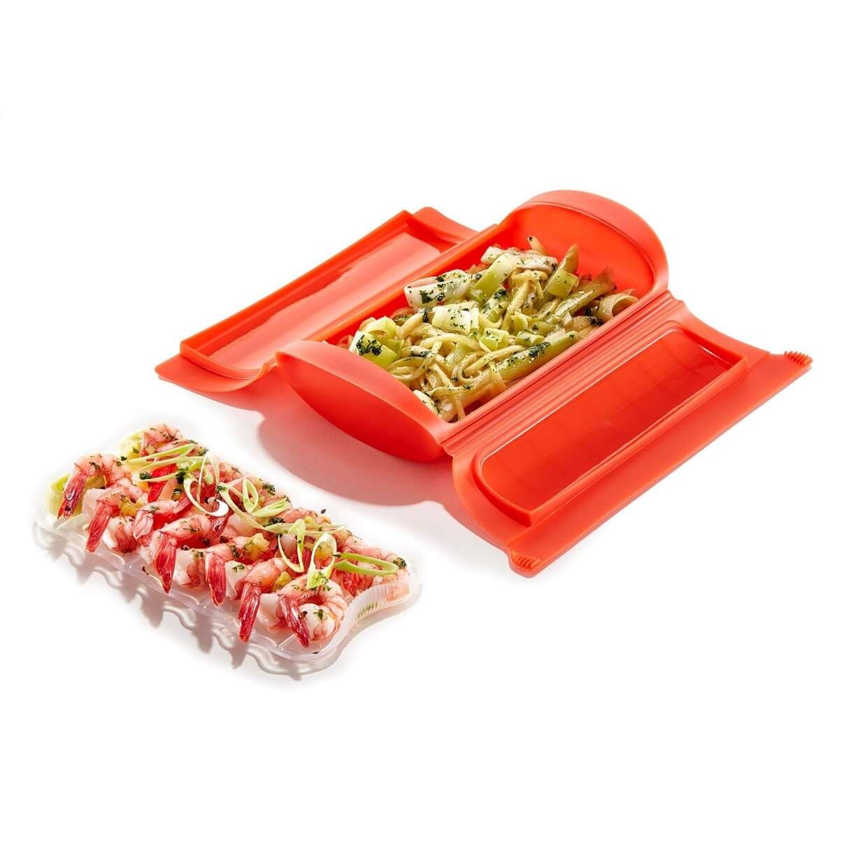 Nádoba na varenie v pare do mikrovlnnej rúry 24 cm, s táckou, červená, silikón, Lékué