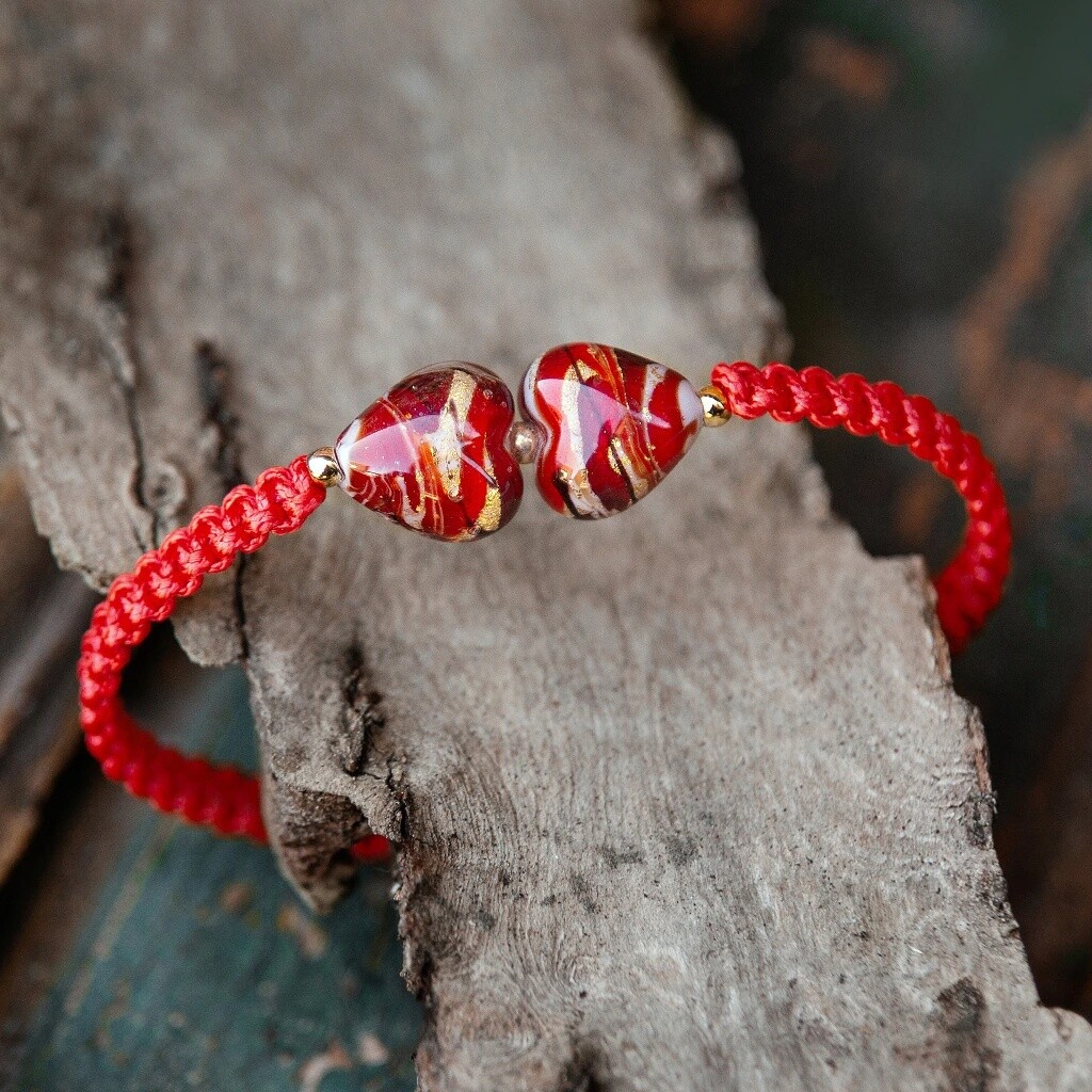 Lampglas Náramok Double Cherry Heart-Red s 24-karátovým zlatom v perlách Lampglas BLH-D-52/RED/POZ