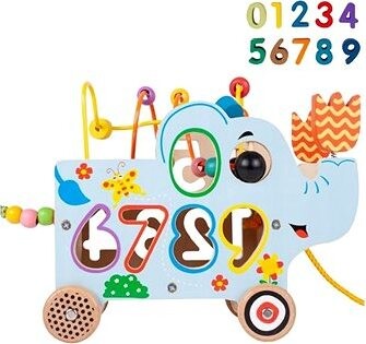Tulimi Edukační dřevěný slon s kolečky, labyrintem a čísly
