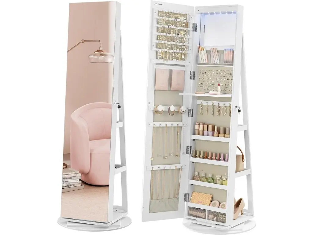 Otočná volně stojící šperkovnice Empusa se zrcadlem a LED osvětlením bílá/béžová
