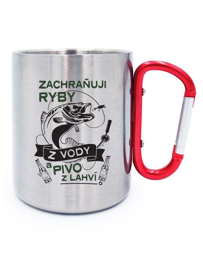 Nerezový hrnček s karabínou Zachraňujem ryby z vody - darček k narodeninám