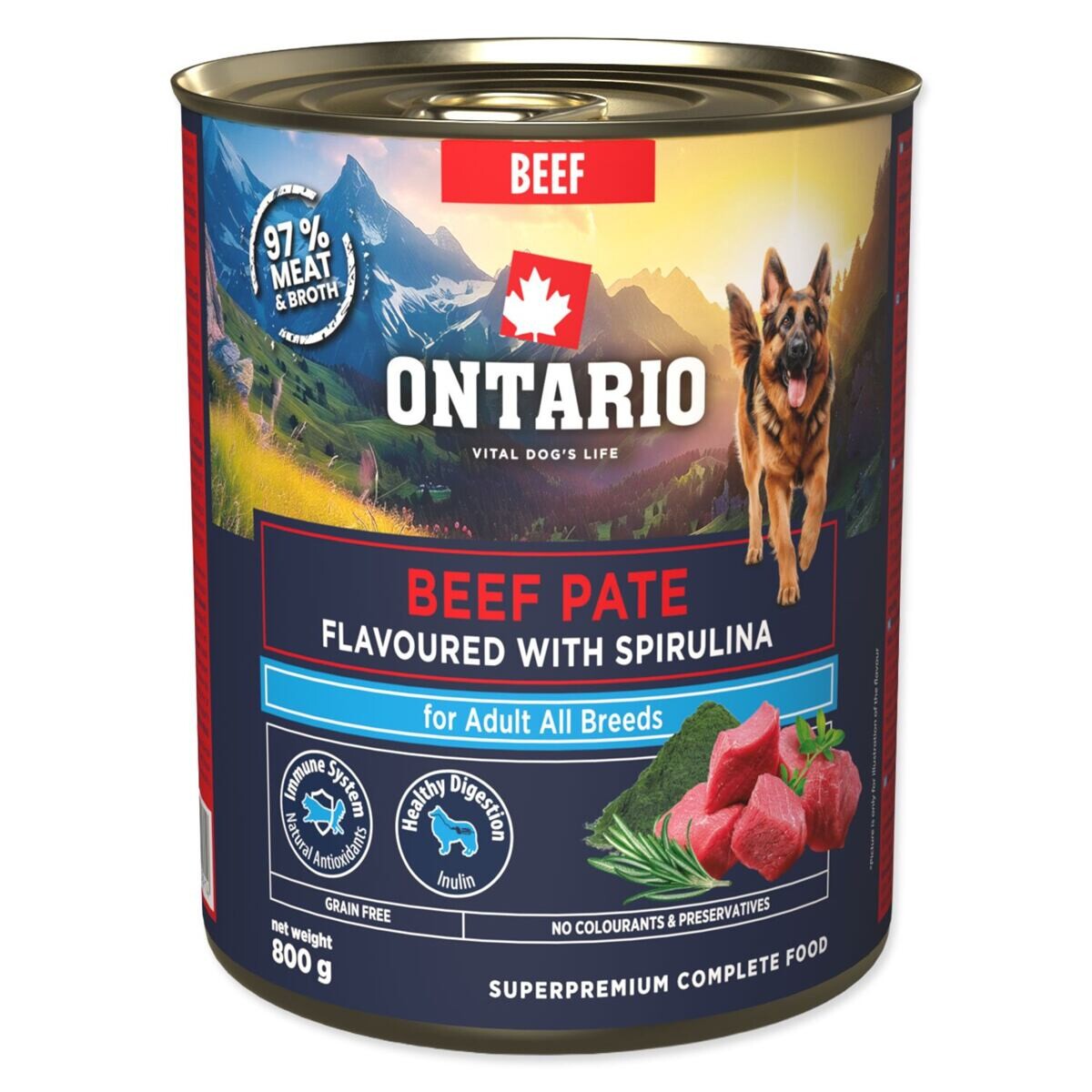 Konzerva Ontario Adult hovězí pate s příchutí spirulíny 800g