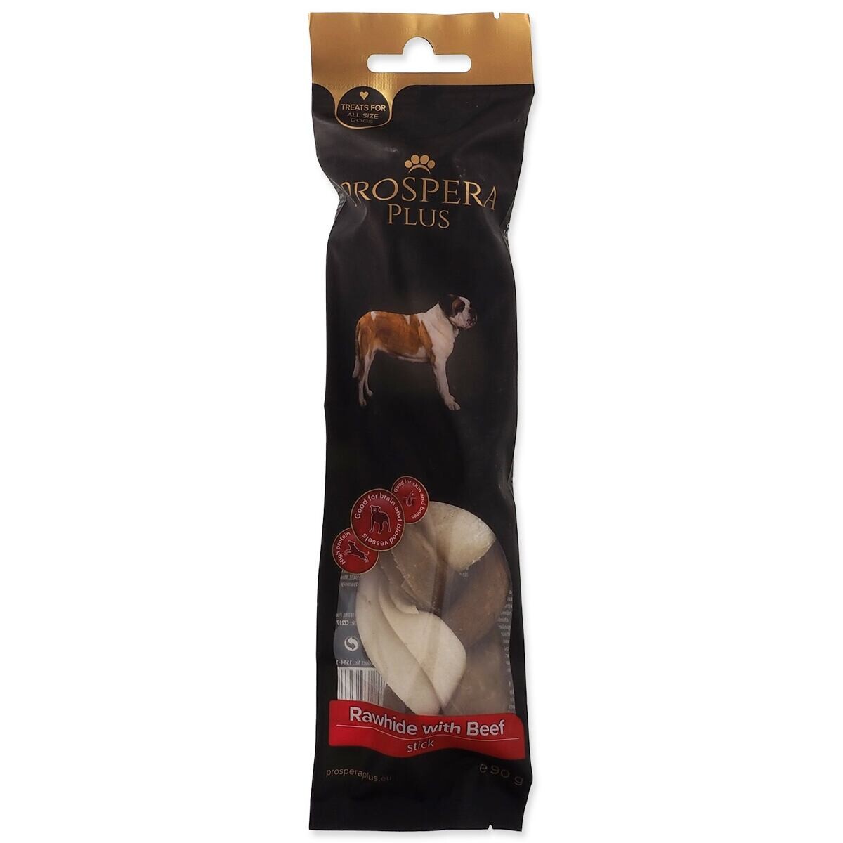 Pochoutka Prospera Plus Surová kůže s hovězím pletená tyčinka 1ks 17,5cm