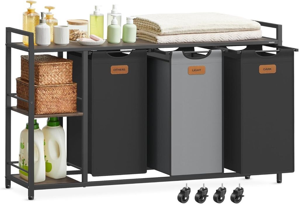 VASAGLE kôš na bielizeň 150 L, 3 priehradky, hnedo-čierny