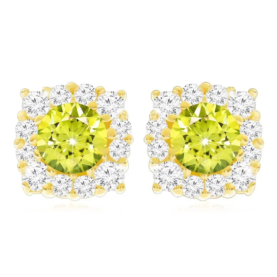 Zlaté náušnice 9K so zeleným olivínom a štvorcovým zirkónovým lemom