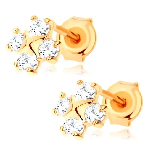 Zlaté náušnice 9K so štyrmi zirkónmi a pyramídovým stredom