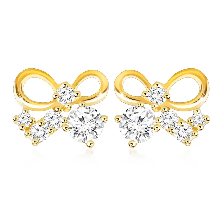 Puzetové náušnice v žltom 9K zlate - lesklá mašlička, číre zirkóny