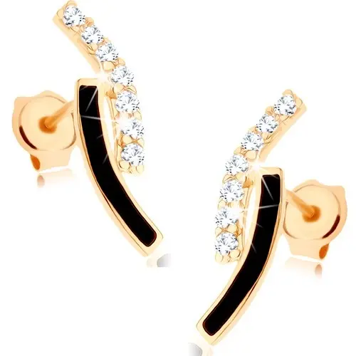 Zlaté náušnice 585 - dva oblúky, línia čírych zirkónikov, čierna glazúra