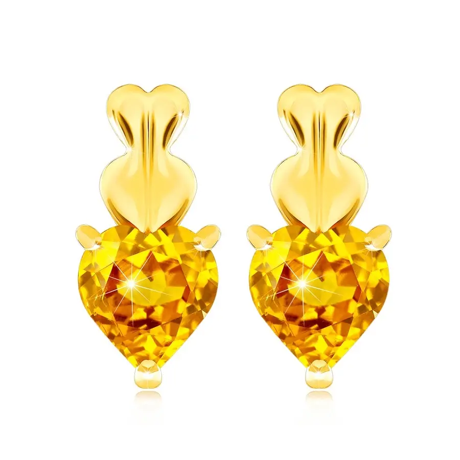 Zlaté náušnice 9K so srdcami a citrínom