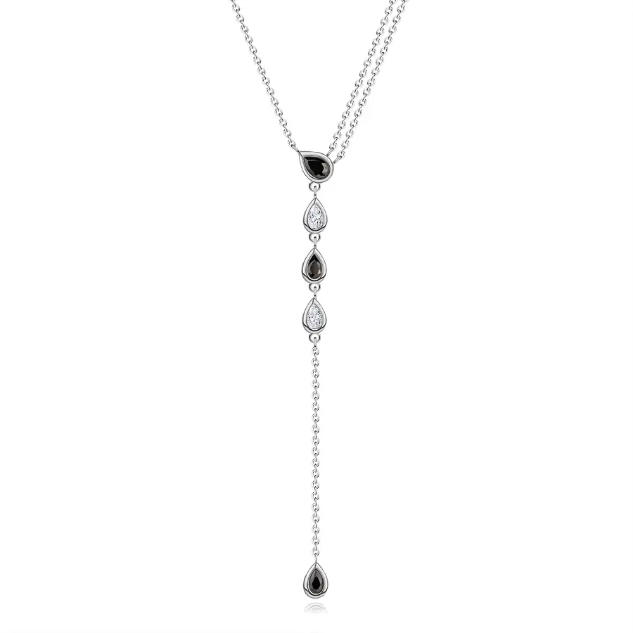 Strieborný 925 náhrdelník Y s čiernymi a čírymi zirkónmi v tvare slzy