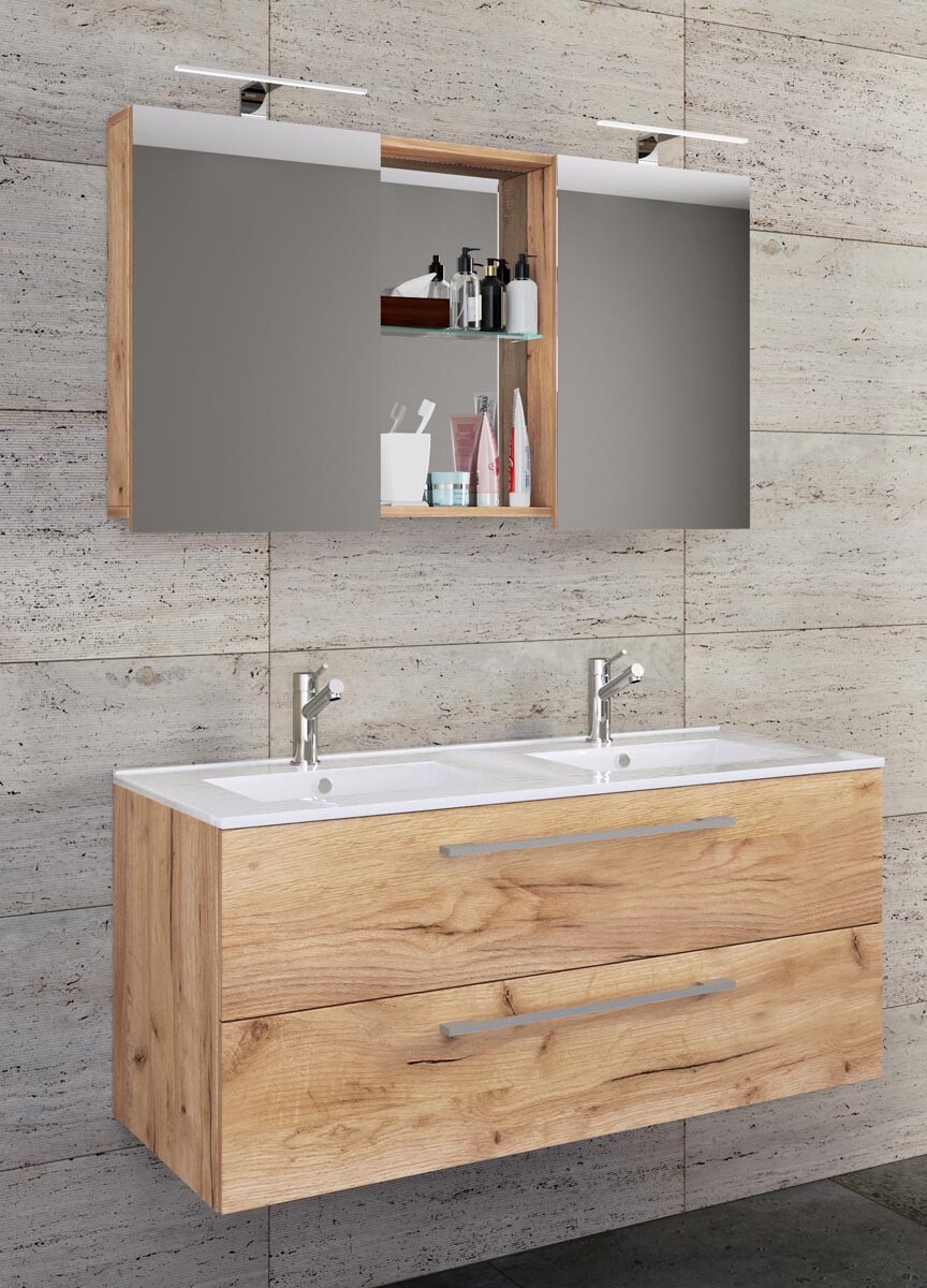 3-dielna umývadlová skrinka Budasi so zrkadlom, medový dub