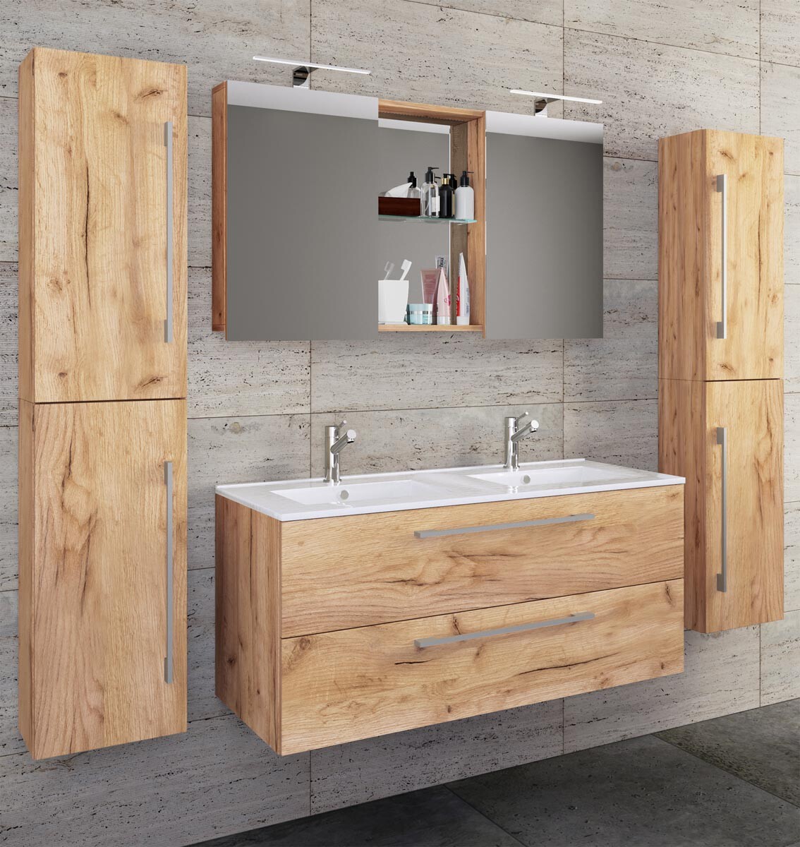 5-dielna umývadlová skrinka Budasi s 2 vysokými skrinkami, medový dub