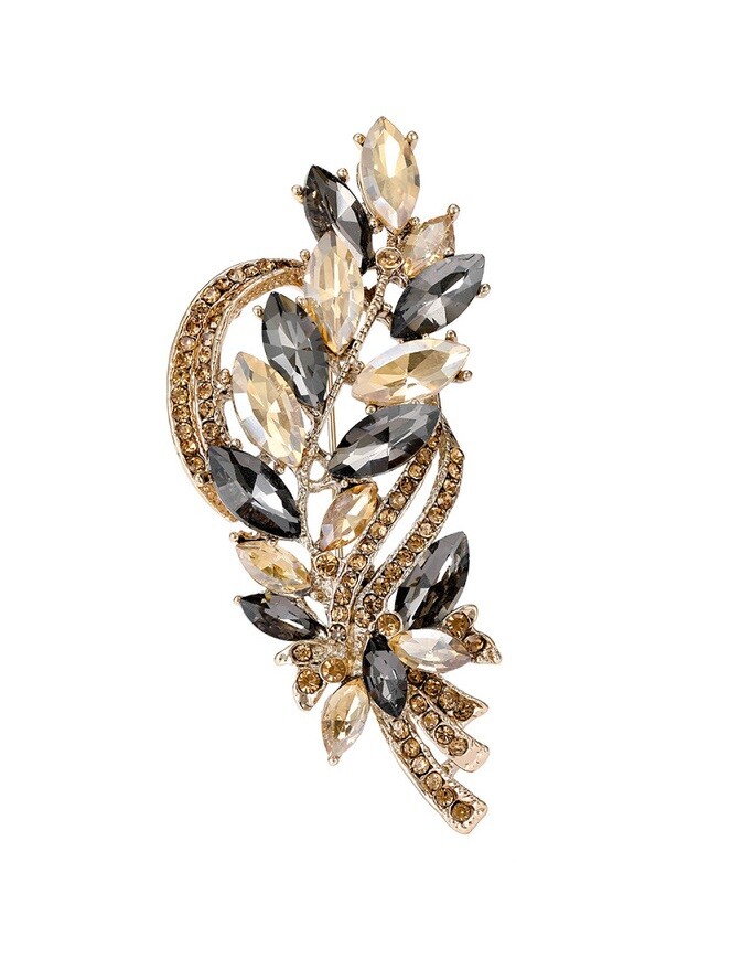 Troli Krásna brošňa s čiernymi a žltými kryštálmi Vetvička Gold