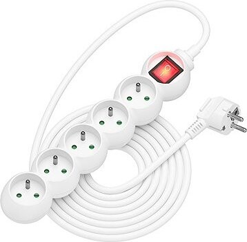 AlzaPower Arc predlžovací prívod 230 V 5 zásuviek vypínač 5 m biely