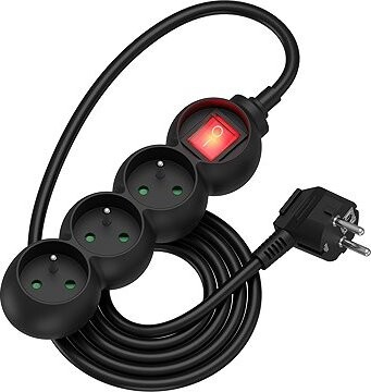 AlzaPower Arc predlžovací prívod 230 V 3 zásuvky vypínač 1,5 m čierny