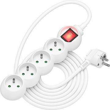 AlzaPower Arc predlžovací prívod 230 V 4 zásuvky vypínač 3 m biely