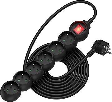 AlzaPower Arc predlžovací prívod 230 V 6 zásuviek vypínač 5 m čierny