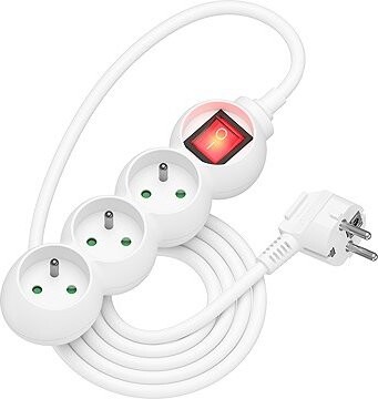 AlzaPower Arc predlžovací prívod 230 V 3 zásuvky vypínač 1.5 m biely