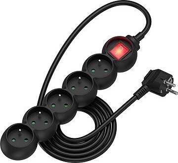 AlzaPower Arc predlžovací prívod 230 V 5 zásuviek vypínač 2 m čierny