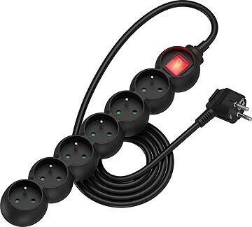 AlzaPower Arc predlžovací prívod 230 V 6 zásuviek vypínač 2 m čierny