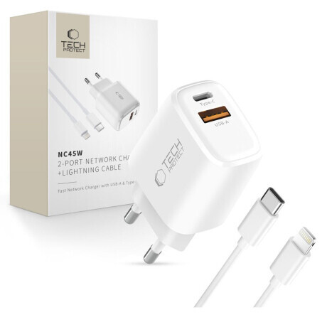 Tech-Protect NCA45W GaN sieťová nabíjačka USB / USB-C 45W PD QC + kábel Lightning, biela