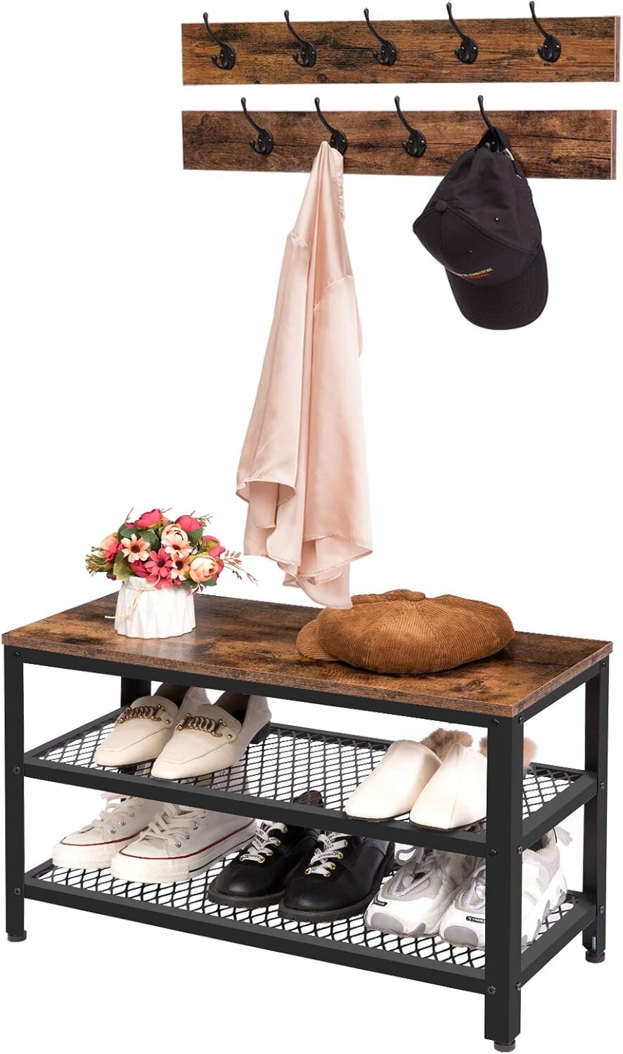 Předsíňový věšák s botníkem Vasagle Steelborn hnědý/černý