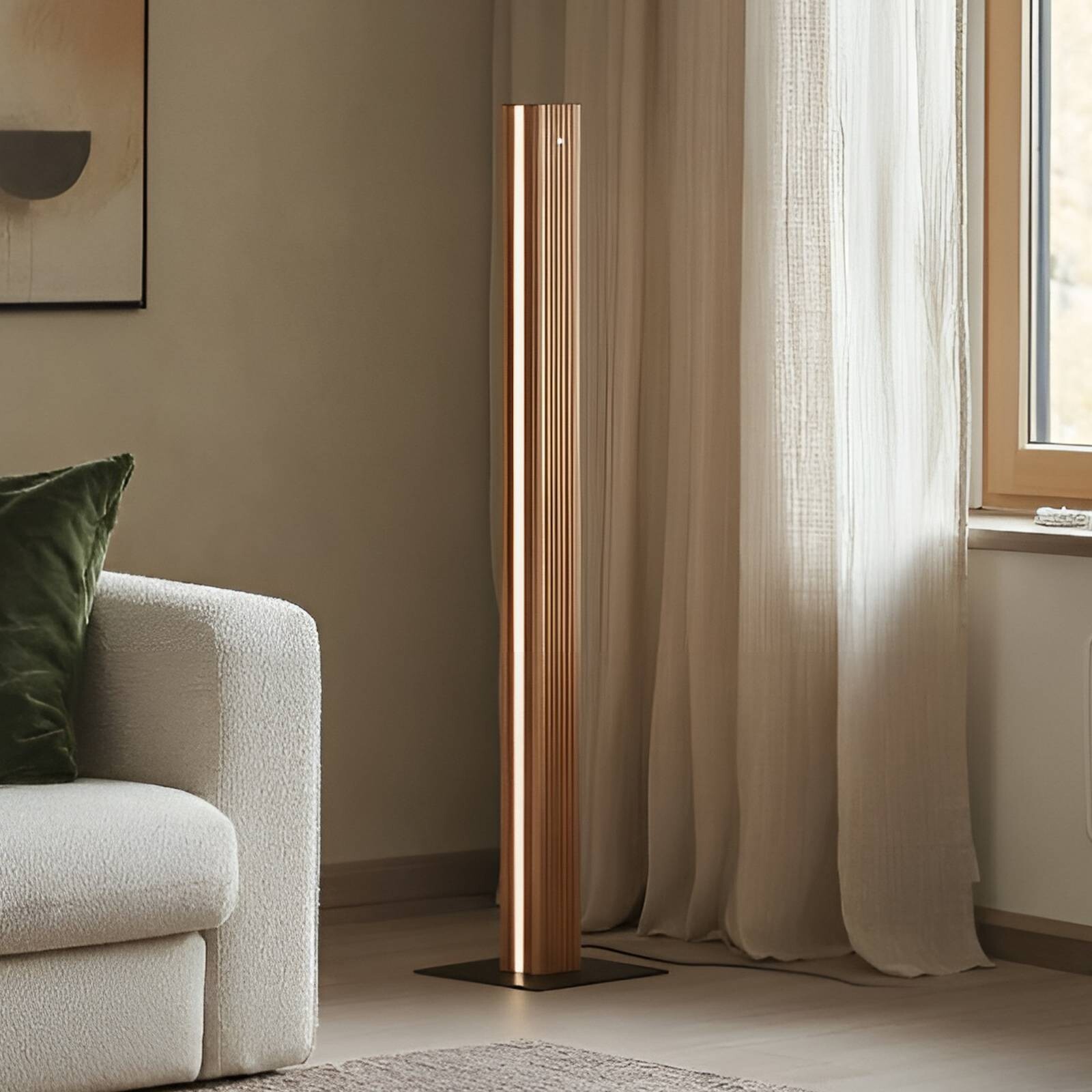 Lucande LED stojacia lampa Lieske, čierne, dubové, stmievateľné