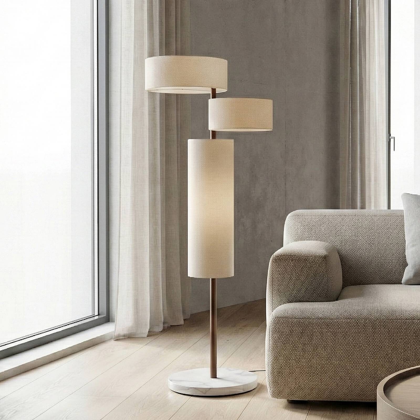 Lucande stojacia lampa Kirim, krémovo biela, látka, výška 150 cm