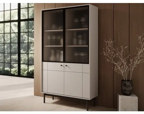 Vysoká vitrína Japandi, 104 cm, béžová kašmír%