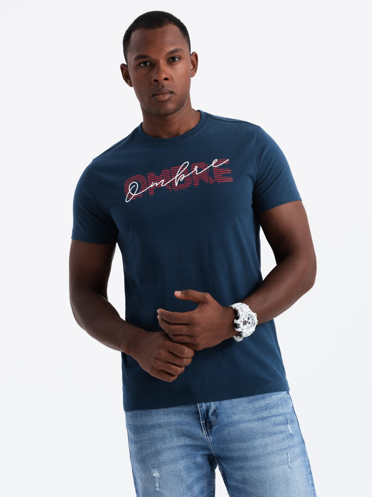 Ombre Men's cotton t-shirt with double printed logo - navy blue