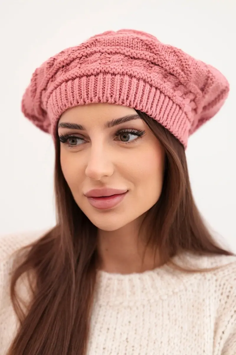 Dámska zimná vlnená čiapka s voľným strihom, tmavoružová
