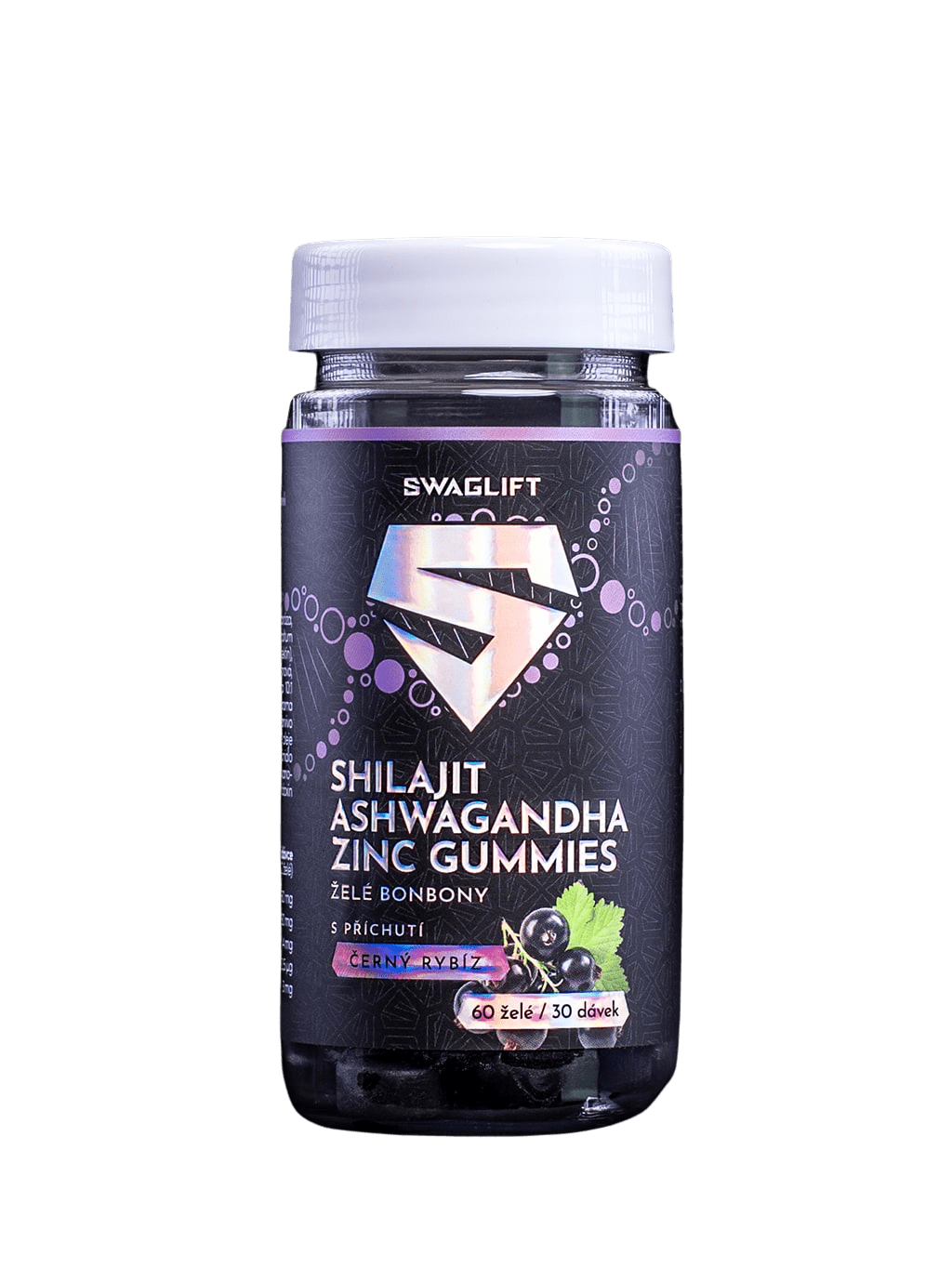 SWAGLIFT Shilajit + ashwagandha + zinok gummies s príchuťou čiernej rýbezle 60 ks