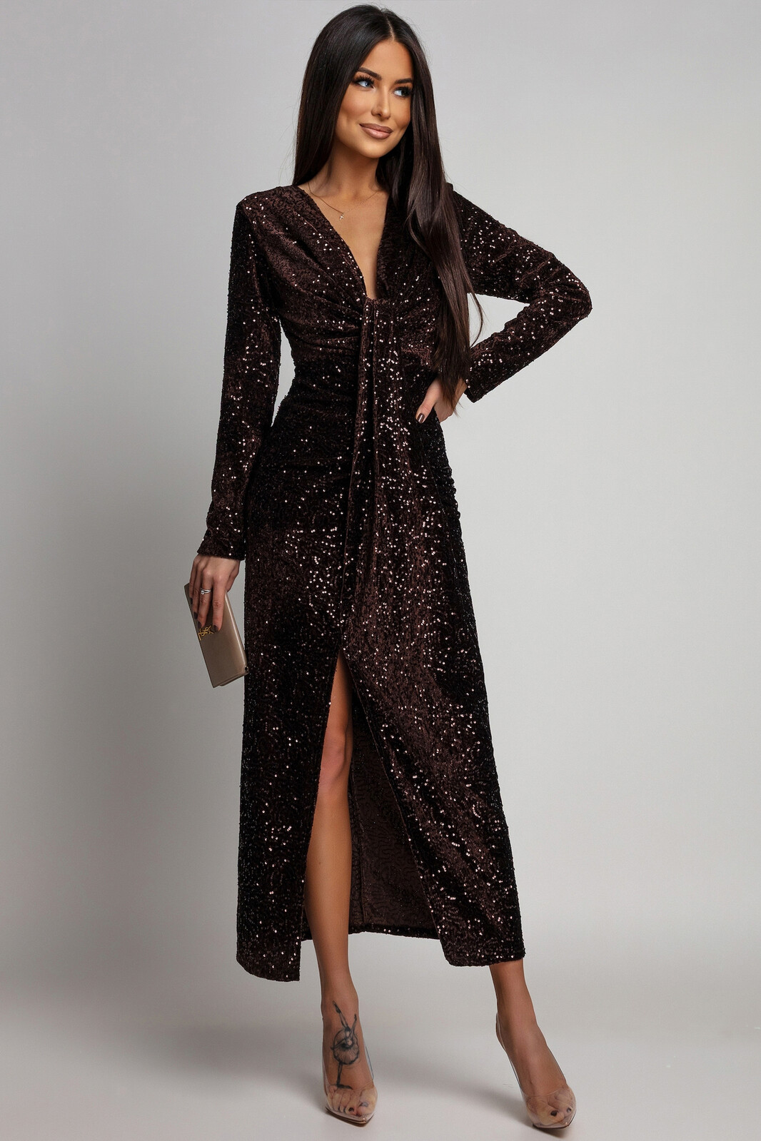 Azzurra Hnedé flitrované šaty s rozparkom Veľkosť: UNI