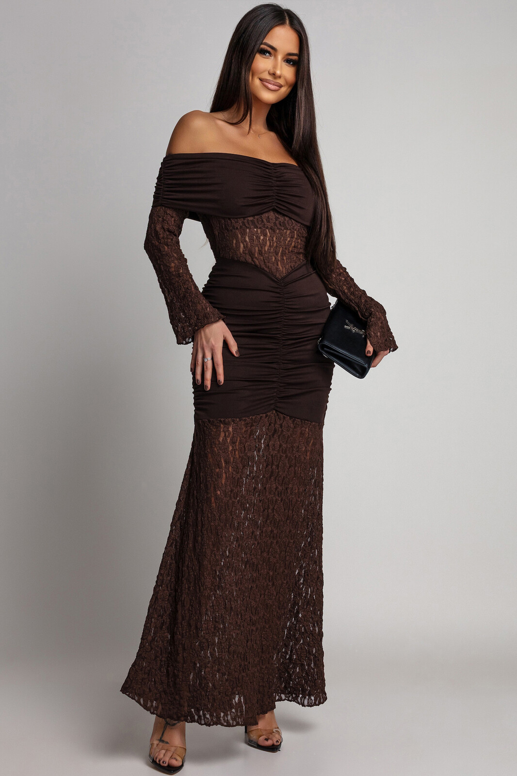 Azzurra Hnedé priliehavé šaty s čipkou Veľkosť: UNI