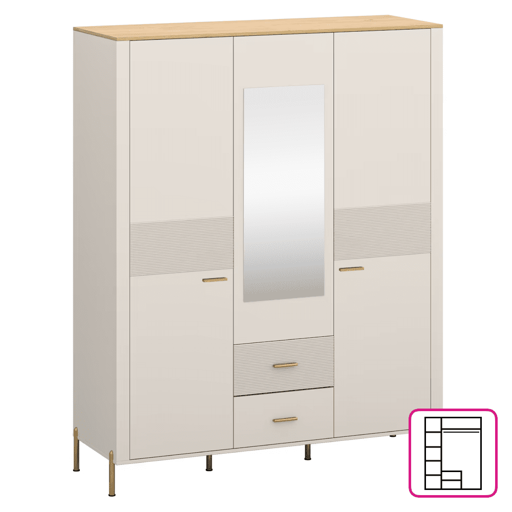 Skriňa so zrkadlom, kašmír/dub kamenný, RUNOL 3D2S