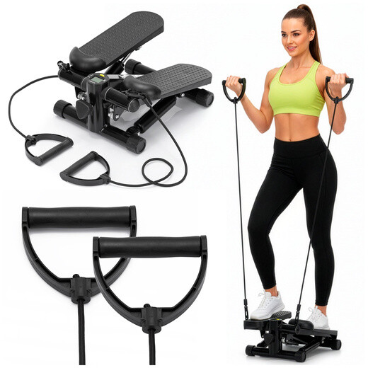 Fitness stepper s káblami a počítadlom - čierny