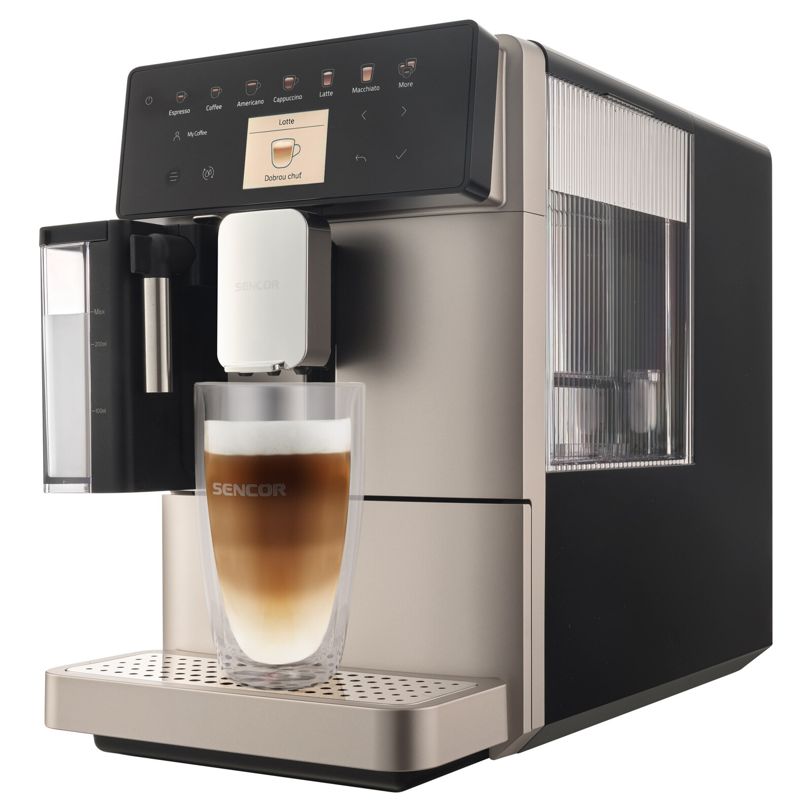 Sencor SES 9350CH Automatické Espresso/Cappuccino Mliečny systém EasyLatte OneTouch na spustenie prípravy nápoja, Široká ponuka 15 nápojov od