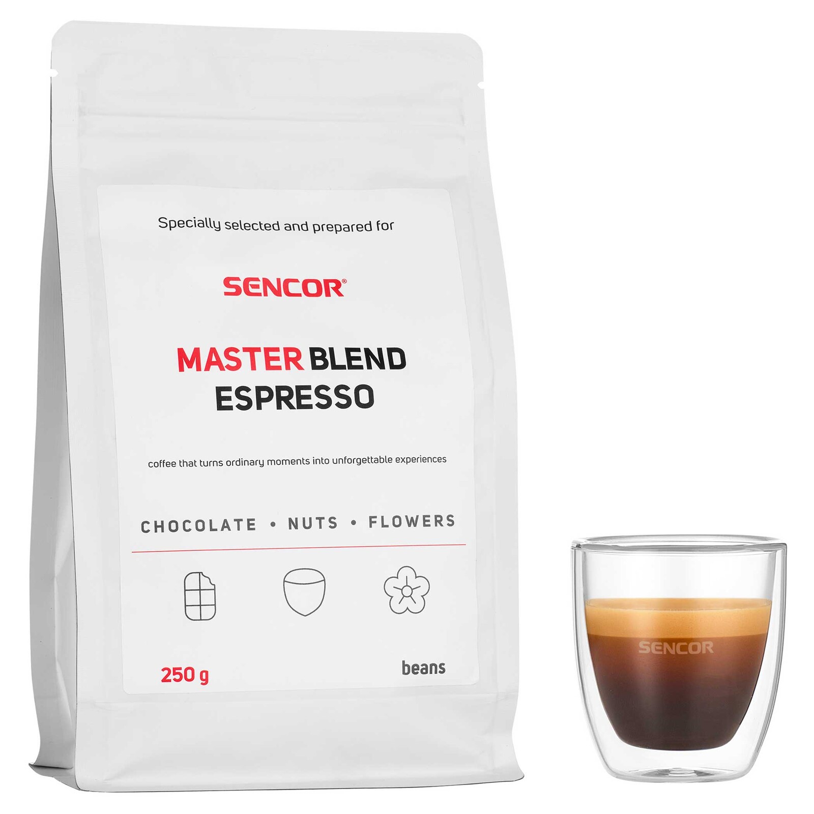 Sencor Master Blend Master Blend Espresso 250g Prémiová zmes čerstvo praženej kávy, Zmes Arabiky a Robusty v pomere 80:20, Špeciálne balenie s