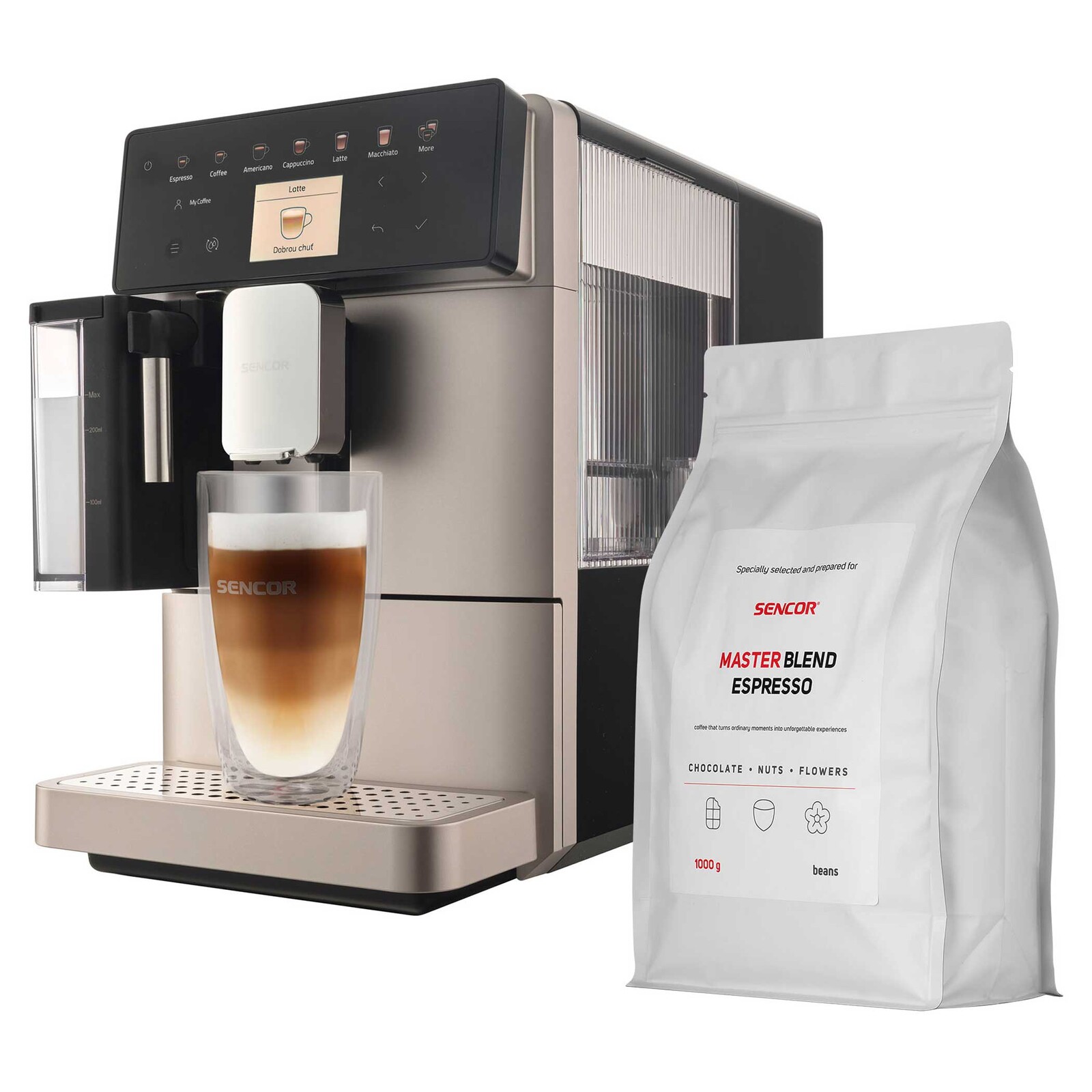 Sencor SES 9350CH + 1 kg kávy Master Blend Automatické Espresso + Káva ZADARMO Farebný LCD displej v slovenčine, OneTouch pre rýchle spustenie