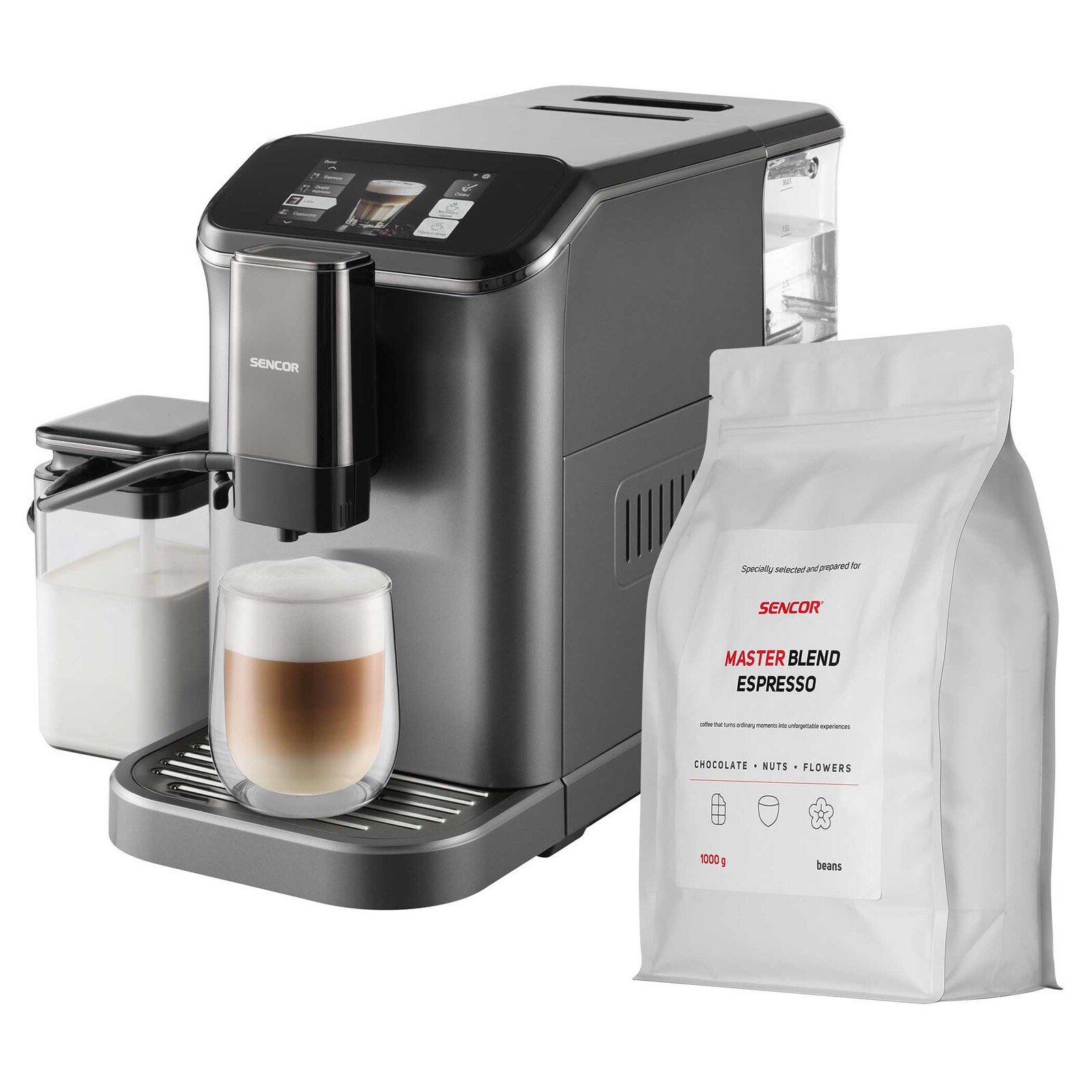 Sencor SES 8500BK + 1 kg kávy Master Blend Automatické Espresso + Káva ZADARMO TFT displej zaisťuje ľahké ovládanie v češtine alebo slovenčine,