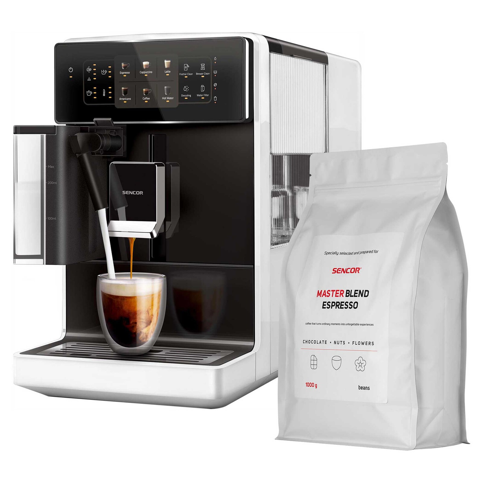 Sencor SES 9301WH + 1 kg kávy Master Blend Automatické Espresso + Káva ZADARMO mliečny systém EasyLatte pre každodenné použitie, farebný LED panel